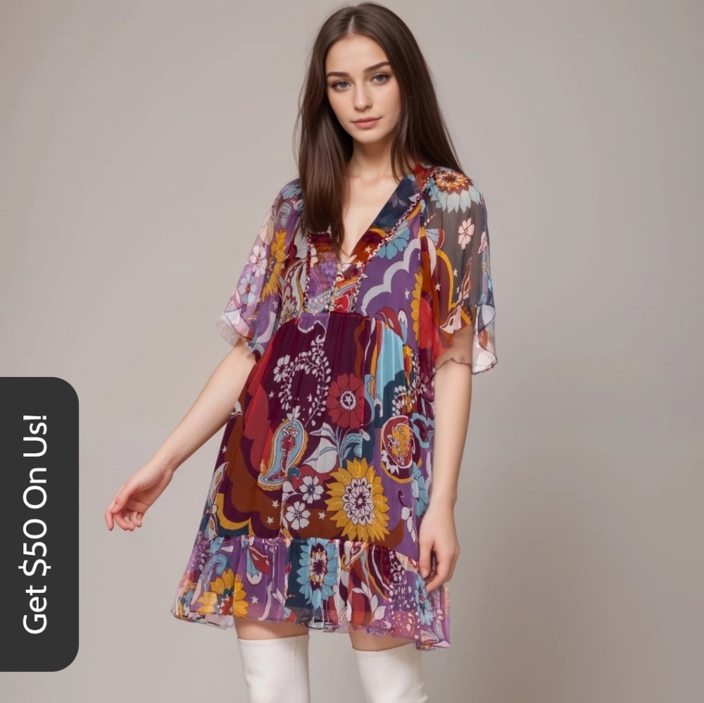 Johnny Was Jade Margareta Multicolor Mini Silk Dress Size M, NWT